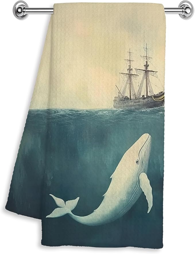 Vintage Nautical Ocean Whale Hand Dish Tea Towels for Kitchen Bathroom Decor 16x24 Inches, Whale Gifts, Coastal Beach Sailing Kitchen Towels Decorative