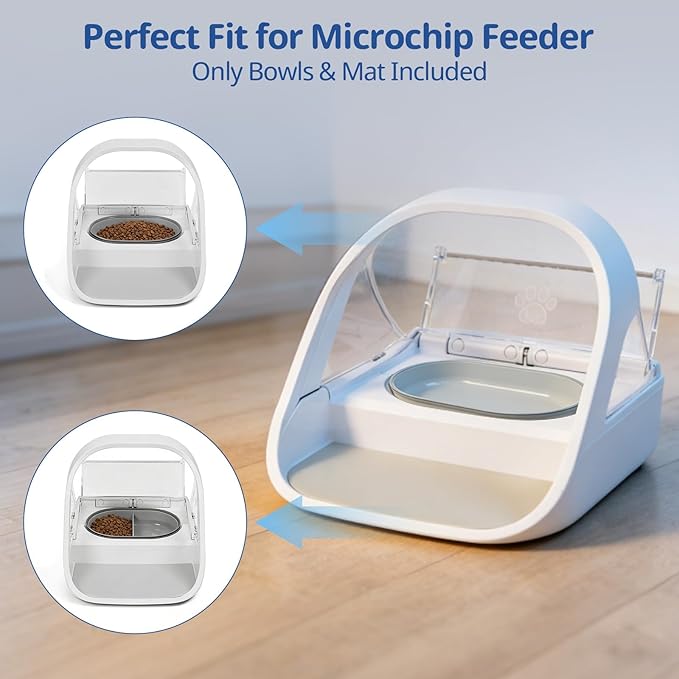 2-Pack Plastic Cat Bowls + 1 Feeding Mat, Specially Designed for Automatic Microchip cat feeders Upgraded Rubber Sealing Ring Design, Durable, Safe for Hands and Pets During Cleaning