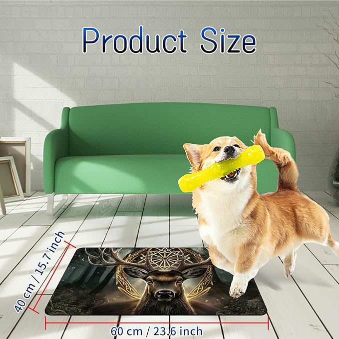 Dog Food Mat, 15.7" x 23.6" Absorbent Pet Feeding Mat for Food and Water, Waterproof Diatom Mud Pet Placemat with Non-Slip Rubber Backing, Easy Clean Cat Bowl Mat for Floors - Art Deer Head