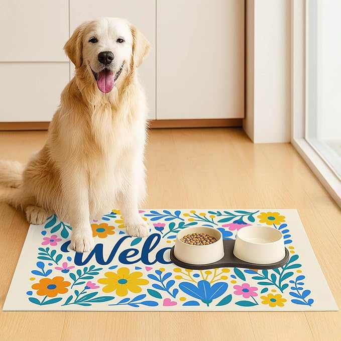 HOMETITUTE Daisy Flower Pet Food Mat 20" x 12" Welcome Sign Pet Feeding Mat Non Slip Mats for Dog Food and Water Bowls Easy Clean Fast Dry Placemat for Cat Food Mats for Indoor Trendy Pet Accessories