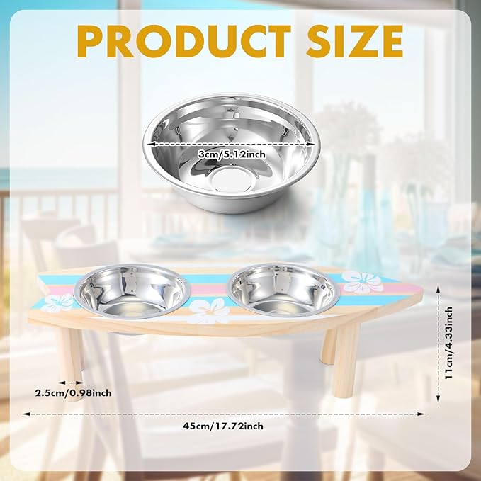 Elevated Puppy Bowls Raised Cat Bowl Holder, 17" x 4.3" Stand Sturdy Surfboard Pet Feeder with Two Detachable Stainless Steel Bowls Suitable for Cats Kittens Puppies