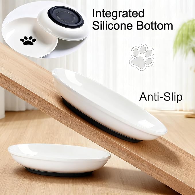 3 Pack Ceramic Cat Food Bowls Non Slip Cat Plates Anti Whisker Fatigue Healthy Ceramic Cats Dishes Set for Indoor Shallow Wide Kitten Plates for Food and Water, Pet Dishes for Cats with Rubber Base