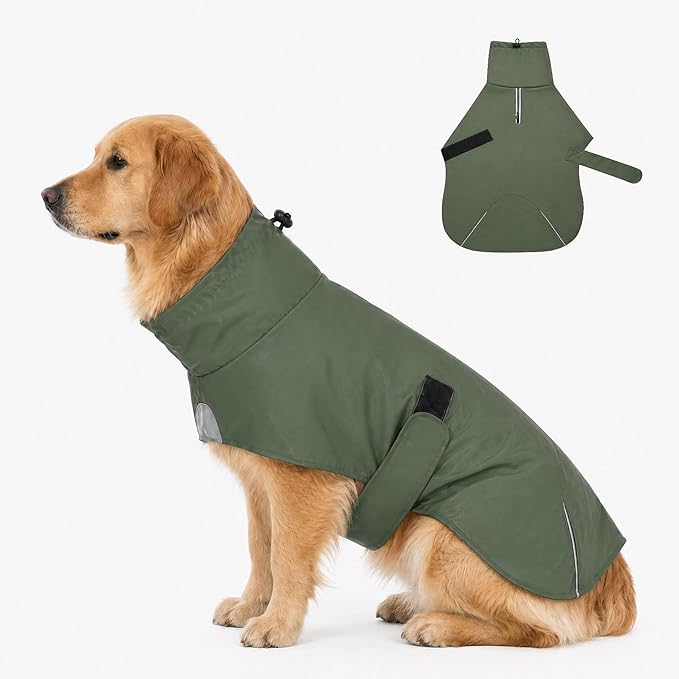 PU Dog Raincoat, Non-Toxic & Odorless Waterproof Vest, Adjustable High Neck and Hook & Loop Belly Closure for Rainy Potty Breaks & Wet Weather Outdoor Walks (Olive Green, XXX-Large)