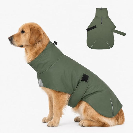PU Dog Raincoat, Non-Toxic & Odorless Waterproof Vest, Adjustable High Neck and Hook & Loop Belly Closure for Rainy Potty Breaks & Wet Weather Outdoor Walks (Olive Green, XX-Large)