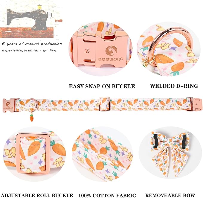DOGWONG Easer Dog Collar with Sailor Bow,Pink Easter Dog Collar, Adjustable Durable Soft Carrot Easter Dog Collars for Male Female Puppy,M