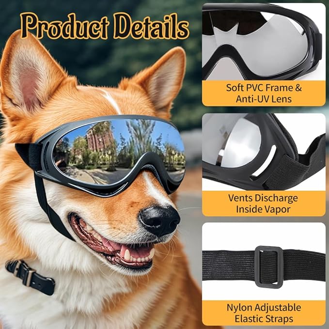 2 PCS Dog Goggles, Dog Sunglasses for Medium & Large Breed, Anti-UV Eye Protection Pet Glasses for Outdoor Hiking (Silver and Clear)