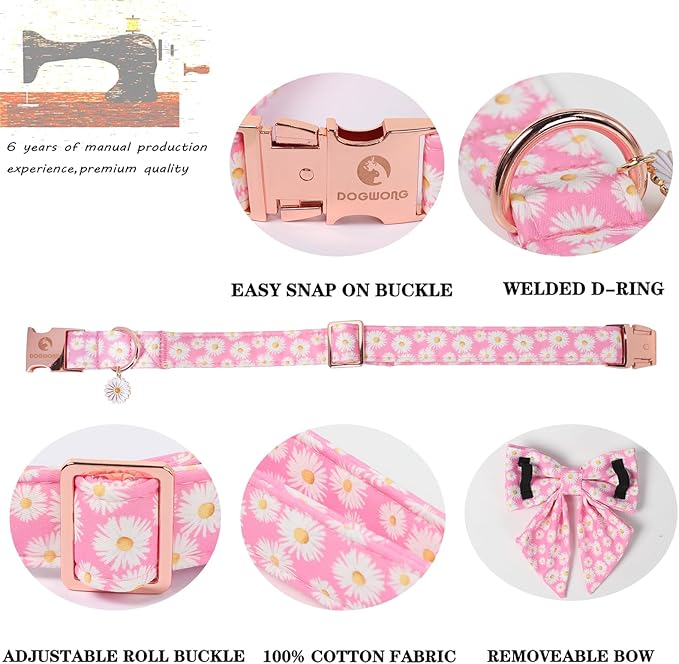 DOGWONG Spring Dog Collar with Sailor Bow, Soft Comfortable Adjustable Cute Pink Daisy Collar Flower Dog Collars for Small Dogs, L