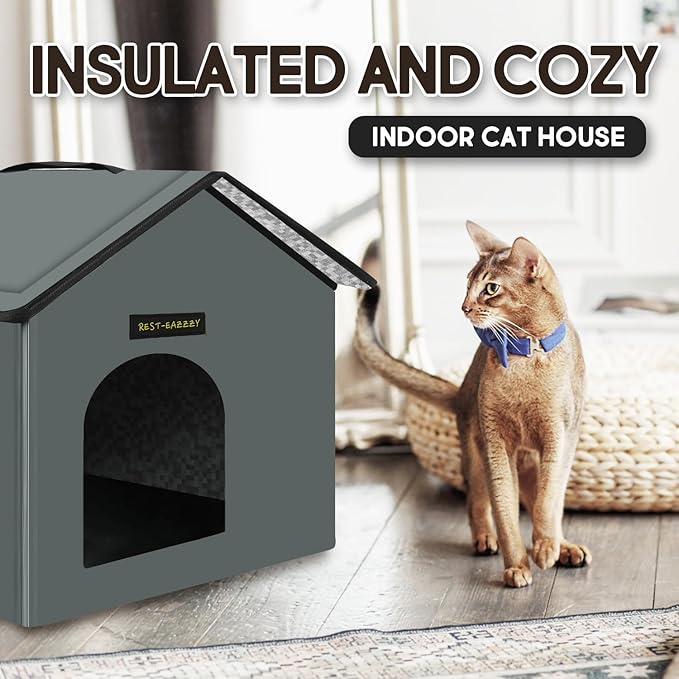 Rest-Eazzzy Cat House for Outdoor Cats, Weatherproof and Insulated Feral Cat House with Mat and Clip, Easy to Put Together, Selfwarming Cat Shelter for Summer(Grey, Waterproof House-S)