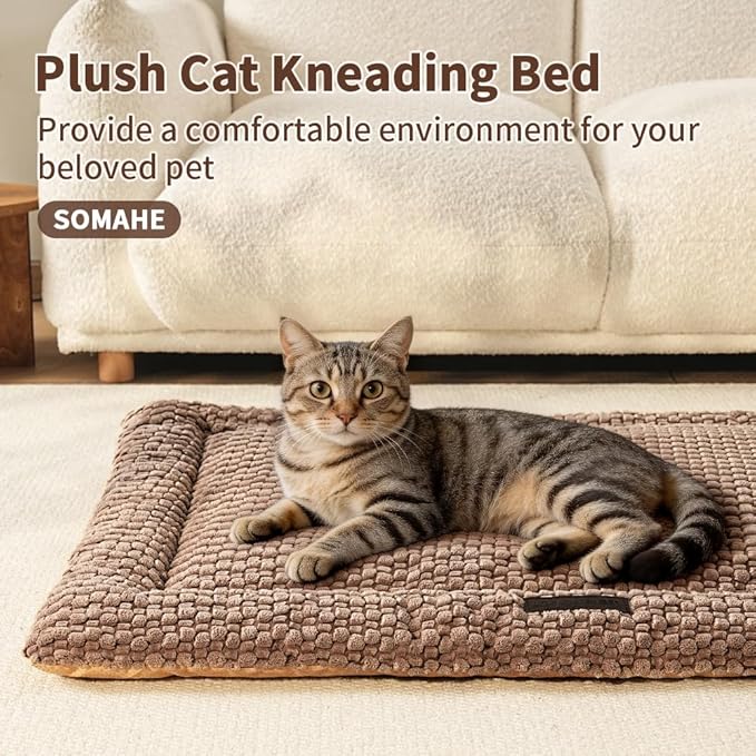 SOMAHE Cat Beds Flat Cat Bed Mat, Premium Plush Cat Mat with Non-Slip Bottom, 1.2" Thick All-Season Kneading Cushion, Machine Washable Anti-Static Pet Bed 15×23Inch, Coffee