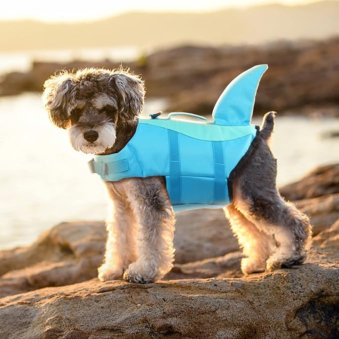 EMUST Dog Life Jacket Shark, Dog Life Vests for Small, Middle, Large Dogs with Rescue Handle Pet Flotation Vest Safety Lifesaver for Swimming Pool Beach Boating, (S,Pool Blue)