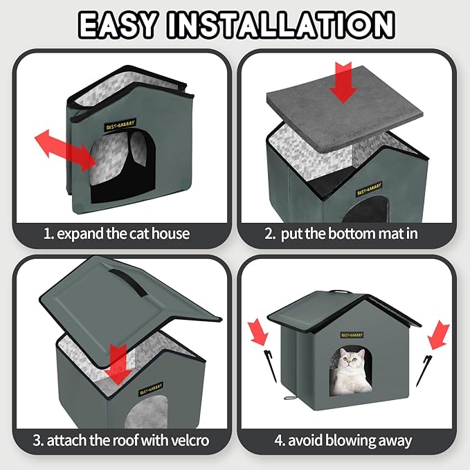 Rest-Eazzzy Cat House for Outdoor Cats, Weatherproof and Insulated Feral Cat House with Mat and Clip, Easy to Put Together, Selfwarming Cat Shelter for Summer(Grey, Waterproof House-S)