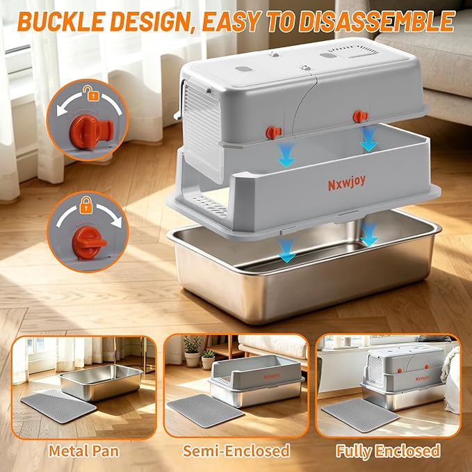 Stainless Steel Litter Box with Lid Cat Metal Litter Box Enclosure Covered Litter Box High Sided Extra Large Litter Boxes for Big Cats with Cat Litter Deodorizer Scoop Mat Grey