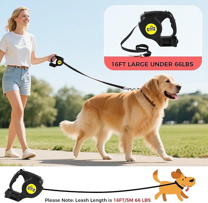Retractable Dog Leash with Flashlight for Night Walks - 16FT Retractable Leash with Comfort Grip and Integrated Waste Bag Dispenser for Cats,Medium,Large,Small Dogs(Black-Large)