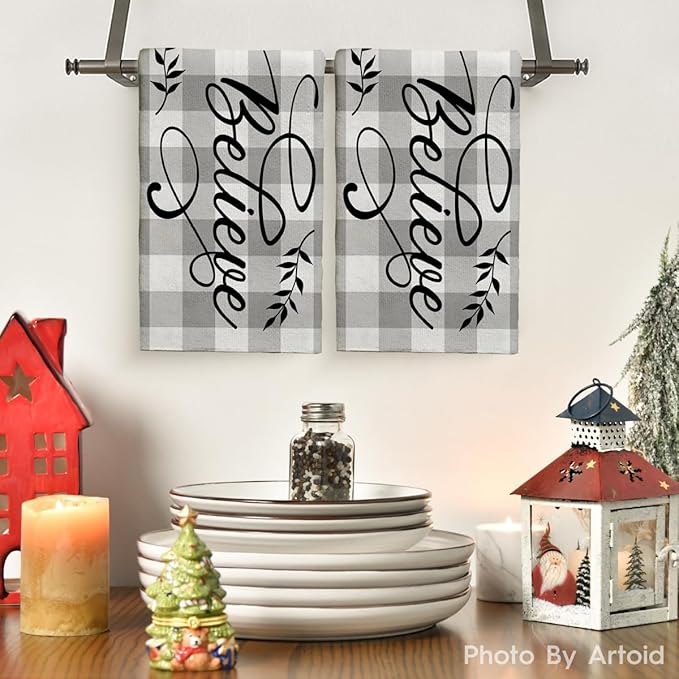 Christmas Believe Hand Towels Set of 2 Winter Christmas Grey White Buffalo Plaid Checkered Absorbent Bathroom Towel Soft Xmas Decorative Towels for Bathroom, Hotel 29.1 X 13.8 Inch