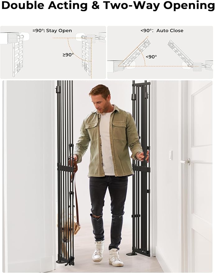 Extra Tall Cat Gate, 74.8”–90.5” High x 30.3”–38.2” Wide, No-Drill Pressure Mounted Safety Barrier for Doorways, Stairs, Hallways, Multi-Pet Separation，Black