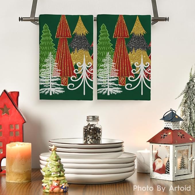 Green Red Christmas Tree Hand Towels Set of 2 Xmas Watercolor Pine Trees Absorbent Bathroom Towel Soft Decorative Towels for Bathroom, Hotel 29.1 X 13.8 Inch