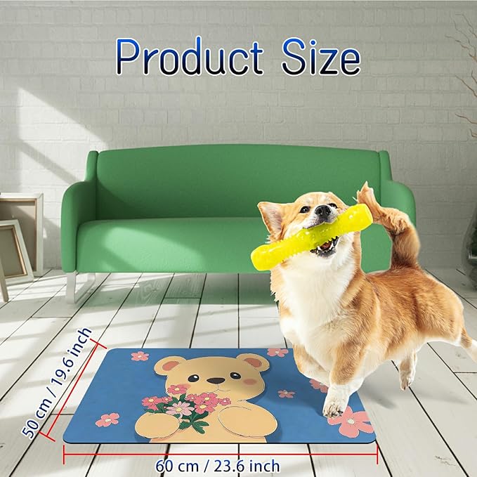 Dog Food Mat, 19.6" x 23.6" Absorbent Pet Feeding Mat for Food and Water, Waterproof Diatom Mud Pet Placemat with Non-Slip Rubber Backing, Easy Clean Cat Bowl Mat for Floors - Pink Flower Bear