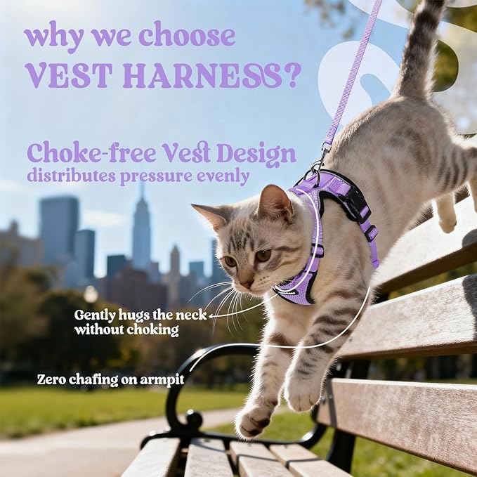 rabbitgoo Cat Harness and Leash Set, Escape Proof Vest Harness for Safe Outdoor Walks, Soft Breathable Adjustable Vest with Reflective Strips for Average to Large Cats, Light Purple, M