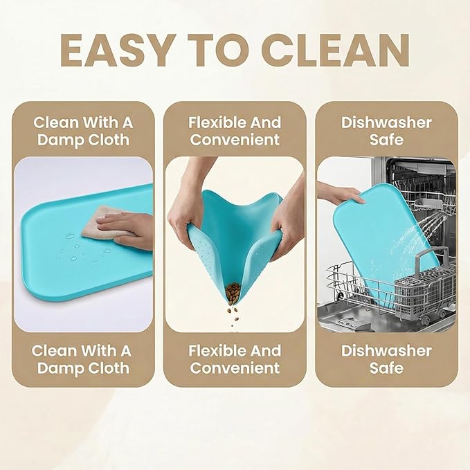 BLESWIN Non-Slip Silicone Dog Food Mat for Food and Water, 18" x 12" Raised Edge Pet Feeding Mat - Waterproof Dog Bowl Mat Easy Clean for Floor Protector,Blue