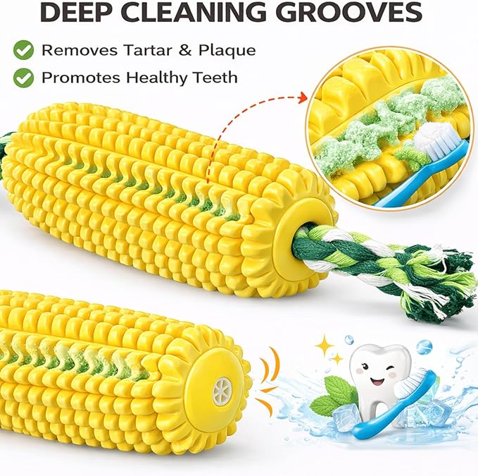 6.3 inch Corn Dog Toys for Aggressive Chewers, Durable Rubber Teething Toys for Puppies, Dog Toys to Keep Them Busy, Squeaky Dog Toy, Bite and Brush Dental Toy for Small Medium and Large Dogs