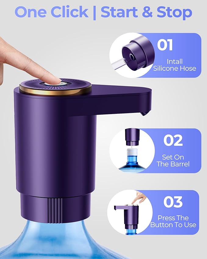 Water Jug Pump for 5 Gallon Bottle – Portable Electric USB-C Charging Dispenser, Dual Powerful Motors, Fast Flow, Fits 2-5 Gallon Jugs – Ideal for Home, Office, Camping, RV, Dark Purple