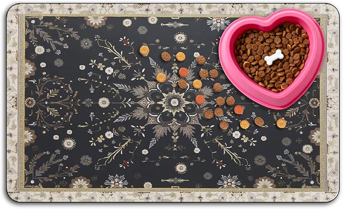 Cat Feeding Mat Vintage Pet Food Mats Black Retro Pattern Rectangle Diatomaceous Earth Absorbent Quick Dry Pet Feeding Placemat Protect Floors for Food and Water Bowl Supplies 20 x 12 Inch