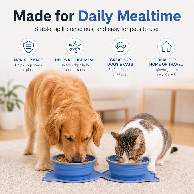 Collapsible Dog Bowls, 2-in-1 Silicone Pet Food and Water Bowl with Carabiner - Portable Double Compartment Travel Dish for Dogs, Ideal for Camping, Hiking, Car Rides, Puppy Essentials (Blue)