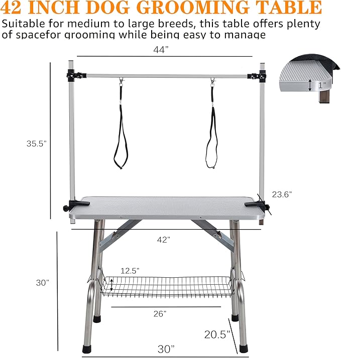 Professional Dog Pet Grooming Table Adjustable Heavy Duty Portable w/Arm & Noose & Mesh Tray (Grey, 42")