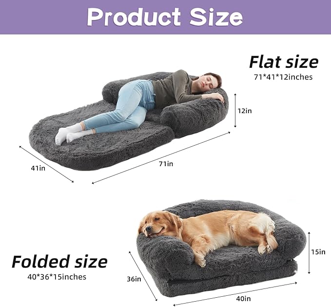 Foldable Human Dog Bed - 71 "x41 x12“ Human Sized Dog Bed with Orthopedic Foam, Fluffy Faux Fur Pet Couch with Waterproof Liner, Non-Slip Bottom, Washable Cover, Cozy Floor Lounger - Dark Gray