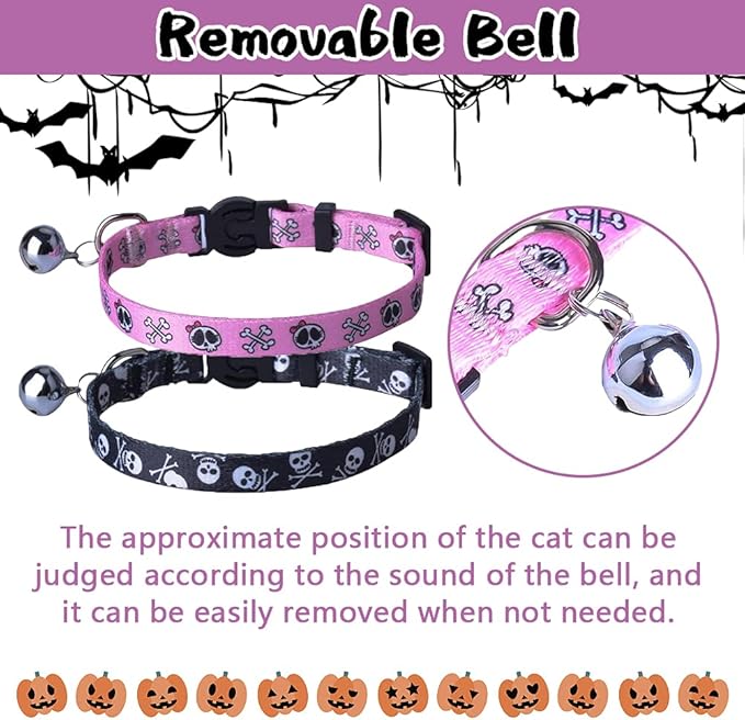 PUPTECK Cat Collar Breakaway with Bells, Kitten Collar Outfit Adjustable for Girl Boy Small Pet Puppy Bunny, Cute Costume Accessory with Safety Release Buckle (Skull)
