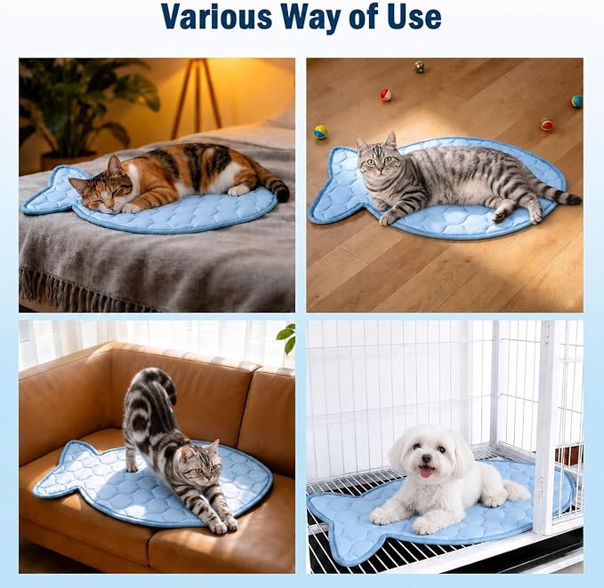 SZEE Cat Cooling Mat for Cats & Small Dogs, Summer Pet Cooling Mat with Ice Silk Fabric, Machine Washable, Fish-Shaped, for Bed, Sofa, Floor, Car Seat & Crate, with Anti-Slip Bottom (27” × 18”)