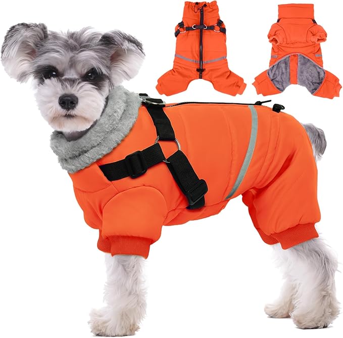 BRKURLEG Small Dog Winter Coat with Harness Built in, Orange Winter Dogs Jackets, Fullbody Dog Coat, Dogs Snowsuits Reflective Windproof Cold Weather Coats, Pet Warm Fleece Coats, L
