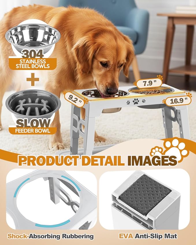 Jovrun Elevated Dog Bowls for Medium Large Dogs with Mat, Non-Slip Dog Feeder with 1*Stainless Steel Dishes & 1*Slow Feeder Bowl, 5 Heights Adjustable Raised Bowls for 3.15″-8.66″-9.84″-11.02″-12.2″