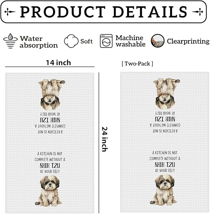 2Pcs Shih Tzu Accessories Kitchen Towels 24x14 Inch, Shih Tzu Gifts for Woman Mom, Reusable Waffle Weave Microfiber Absorbent Hand Tea Dish Towels for Kitchen Bathroom Decor, Dog Lovers Gifts