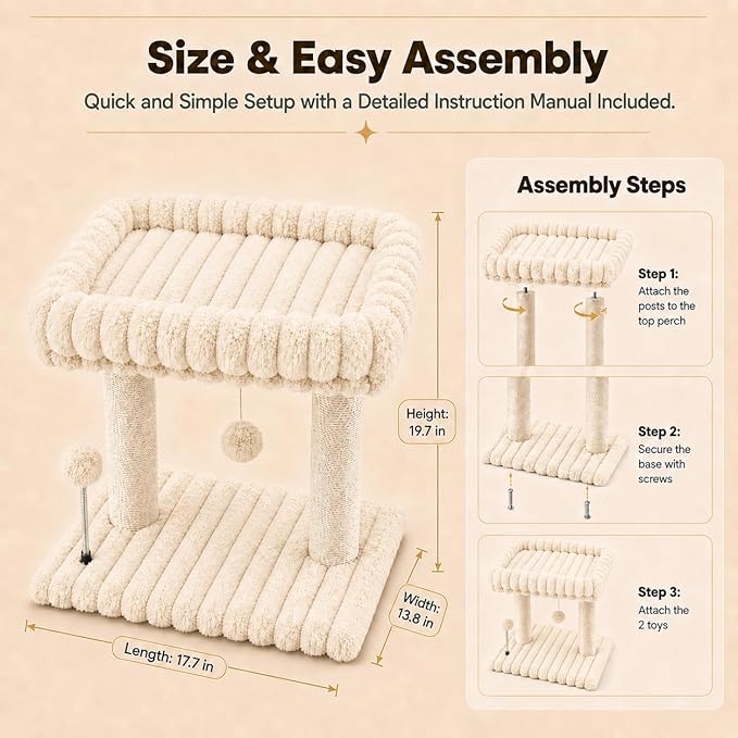 Cat Tree with Cat Scratching Post for Indoor Cats,Small Cat Tower with Soft Large Perch Bed Sisal Scratcher for Medium Cats and Kitten,Activity Play Centre Spring & Hanging Toy Balls,Beige