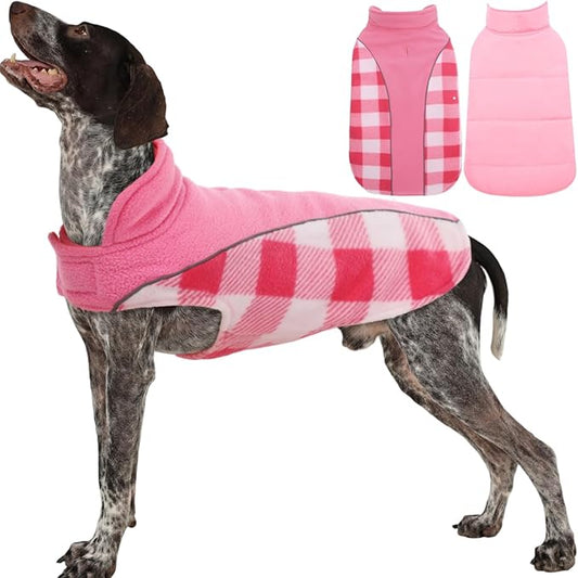 Kuoser Dog Winter Coat, Reversible Waterproof Dog Jacket with Reflective Strip, Warm Dogs Fleece Vest Adjustable Doggy Cold Weather Clothes Plaid Christmas Outfit Pet Apparel for Large Dogs, Pink L