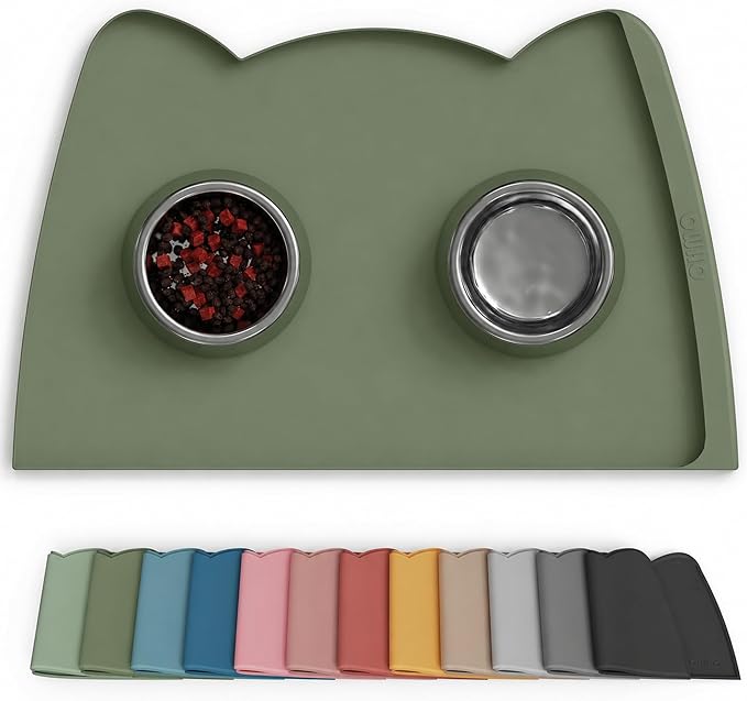 OHMO Dog Food Mat(Camo Green, 24 * 15'') w/Residue Collection Pocket Silicone Pet Feeding Mat for Floor High Edges Anti Spills Waterproof Cat Water Bowl Tray, Easy Clean Placemat