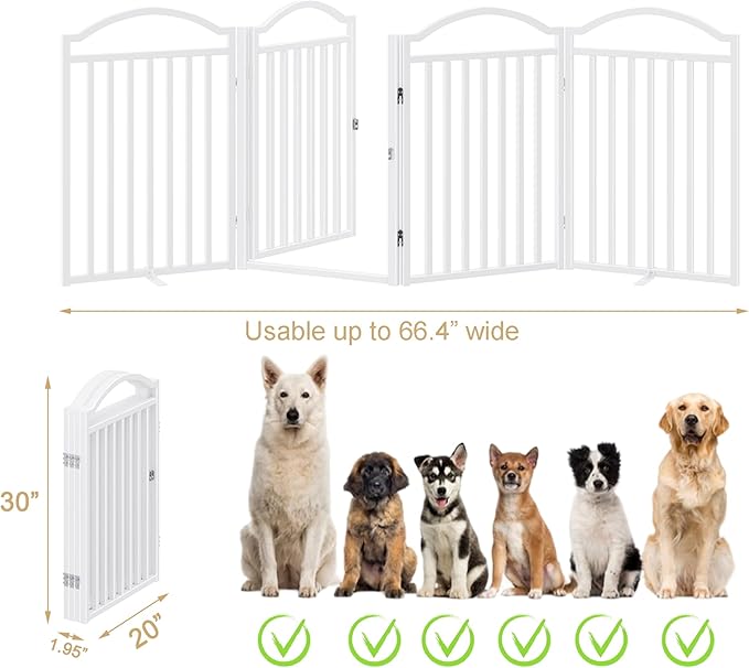 BHG Metal No-Assembly Freestanding Dog Gate with Door Walk Through, Extra Wide 80", Extra Tall 30" Pet Gate, Accordion Puppy Folding Playpen Dog Fence for Indoor & Outdoor, with 2PCS Support