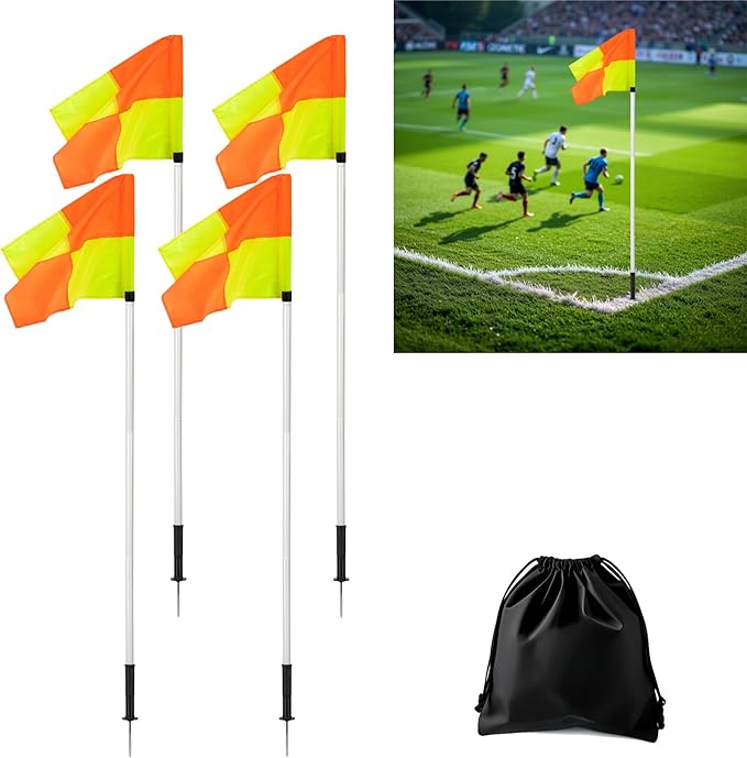 Soccer Corner Flags Set of 4 for Soccer Field, 5FT Agility Training Poles with Corner Flags, Speed and Agility Training Equipment for Sports Practice with Ground Spring Nails and Storage Bags(White)