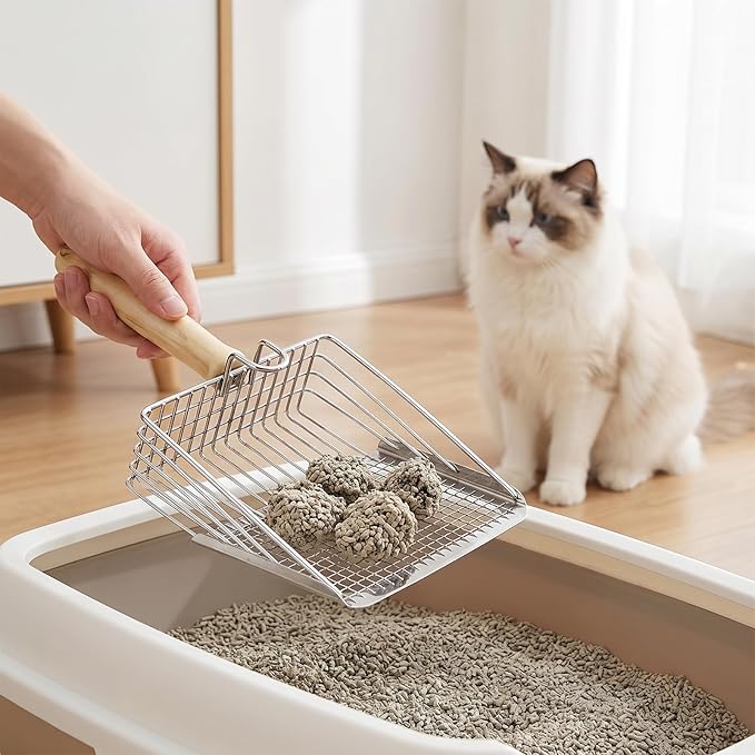 Cat Litter Scooper Metal, Cat Litter Scooper with Holder Heavy Duty Stainless Steel Litters Shovel with Washable Stand for Cats Litters Box, Durable and Heavy Duty, Easy to Clean