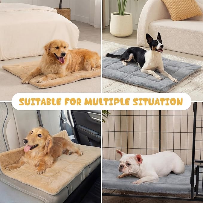 Dunzy 2 Pack Dog Bed Mat 24x18 Memory Foam Pet Crate Pad Orthopedic Dog Bed for Small Medium Breed Soft Comfy Faux Fur Linen Reversible Machine Washable Kennel Cozy Sleeping Mat Light Gray Camel