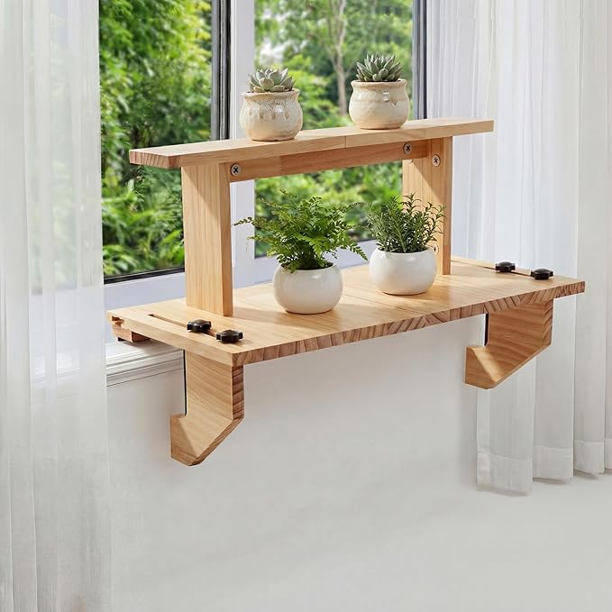 Double-layer Window Sill Extender Plant Shelf, 20+21 Inch Detachable Adjustable Window Sill Extender Shelf Stand for Plants Cat Perch, Renter Friendly No Drilling/Damage