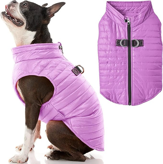 Gooby Puffer Vest Dog Jacket - Purple, Medium - Ultra Thin Windbreaker with Dual D Ring Leash - Water Resistant Small Dog Sweater Coat