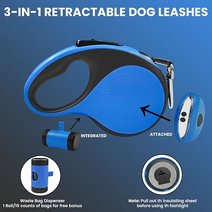 Best Dog Supplies Retractable Thick Dog Leash for S, M, Large Dogs with Bag Dispenser and Flashlight, 26ft/8M for Dogs up to 110lbs Pet Leash One Button Break Retractable Color - Blue
