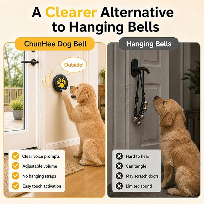 ChunHee Dog Bells to Go Outside - Bell for Dogs to Ring to Go Potty | Chew-Proof Dog Door Bell | 0-115dB Adjustable Volume & 28 Ringtones | Bells for Dog Training to Go Outside Without Barking