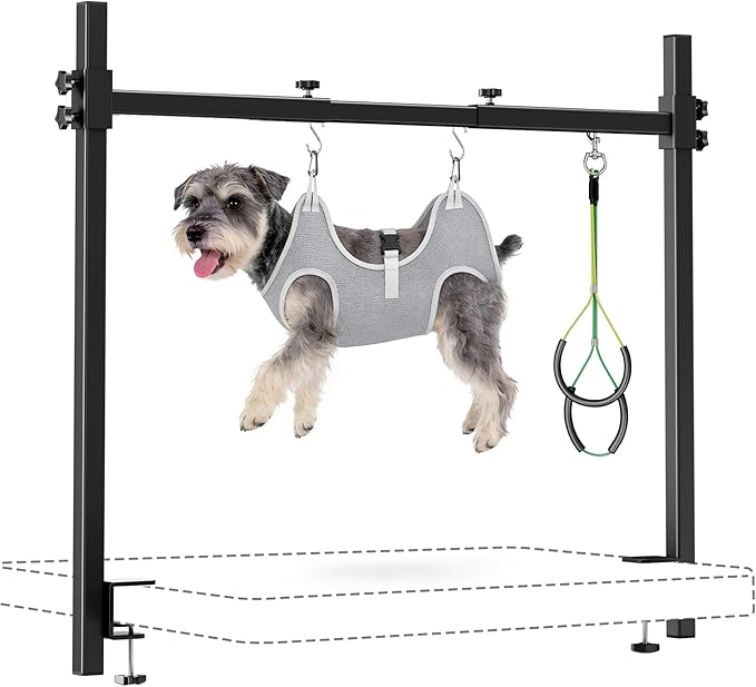 Dog Grooming Arm for Table, S Size, Adjustable 42" Height & 31"–43" Width, H-Shape Stable Grooming Stand, Clamp Fits up to 2.76", with Hammock & 2 Nooses for Home Grooming & Nail Trimming