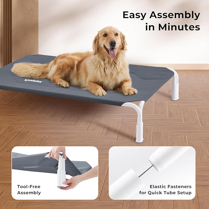 ZOMISIA Outdoor Elevated Dog Bed Tool-Free Assembly, Raised Dog Cot Bed for Large Dogs, Cooling Portable Cot Pet Hammock Bed with Non-Slip Feet & Waterproof Teslin Mesh, 43x30 Inch