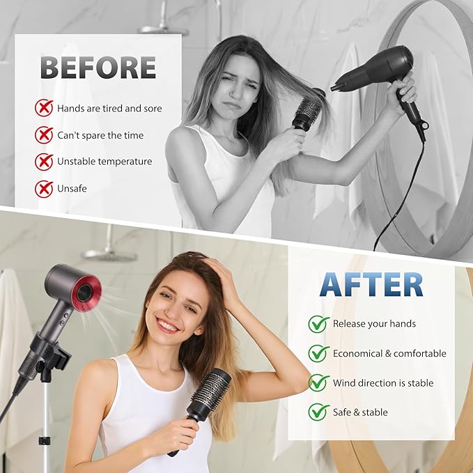Hair Dryer Stand, 29-59 Inch Adjustable Hair Dryer Holder, 360 Degree Rotating Lazy Hair Dryer Stand Hand Free for Bathroom, Vanity, Makeup Room, matte black