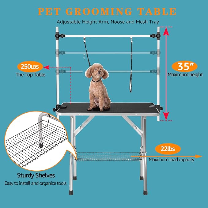 Professional Dog Pet Grooming Table Adjustable Heavy Duty Portable w/Arm & Noose & Mesh Tray (42", Black)