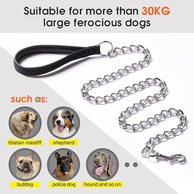 Premium Chain Heavy Duty Dog Leash - Soft Padded Leather Handle Lead - Perfect Basic Leashes Specifically Designed for Over 30KG Large Size Pets Walking (4 ft. x 5.0 mm (60-200 lbs.))